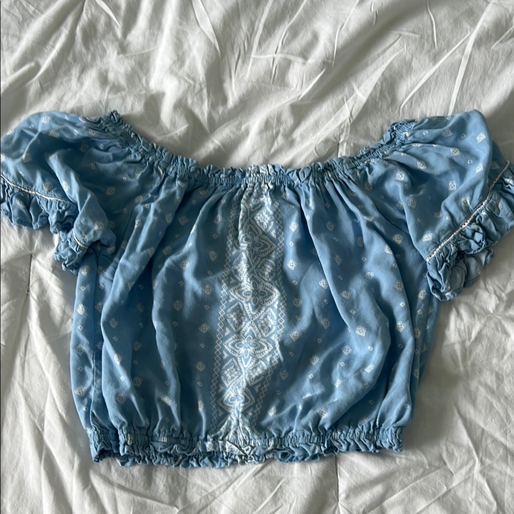 Ocean Drive Blue Puff Sleeve Crop Blouse